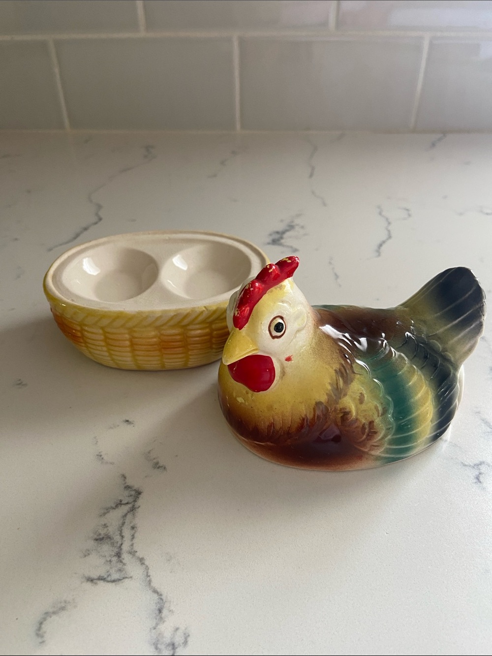 Vintage Ceramic Hen on Nest Covered Egg Holder Chicken Egg Server Farmhouse Deco